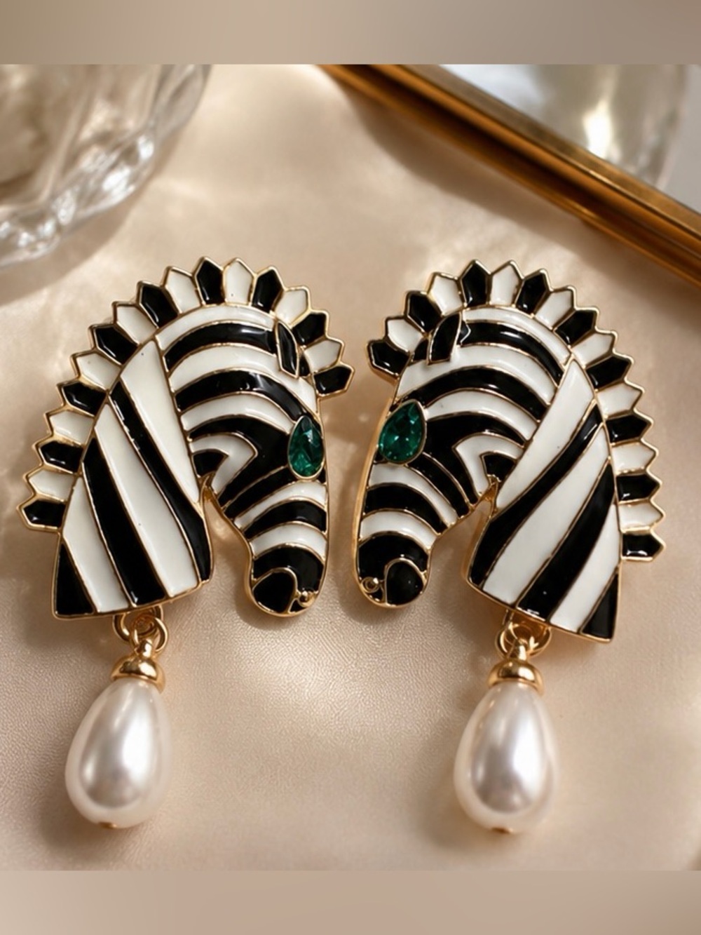 Black & White Zebra Enamel Earrings with Green Gem and Pearl Drop